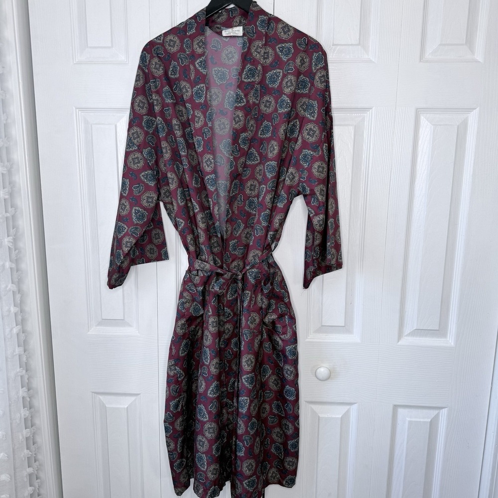 VTG Bill Blass Robe Mens One Size Burgundy Medallion Paisley Satin Lounge USA OS